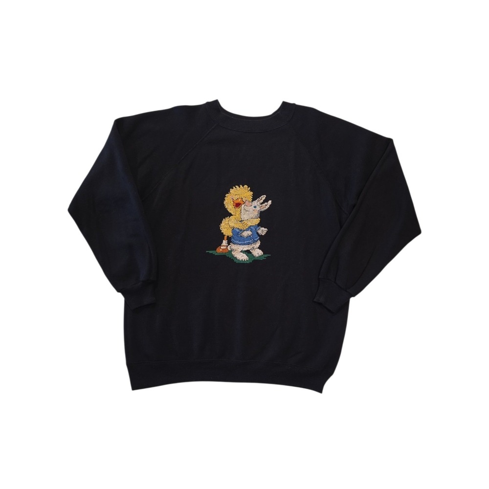 Vintage 90s Hanes Sport Sweatshirt XL Bird Bunny Needlepoint Embroidered USA
